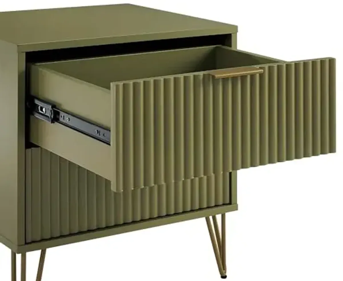 Manhattan Comfort Dumbo Fluted Nightstand with 2 Drawers, Gold Metal Legs and Metal Handles, Snap Tool-Free Assembly, Modern Bedside Accent Table with Storage for Bedroom, Living Room in Olive Green