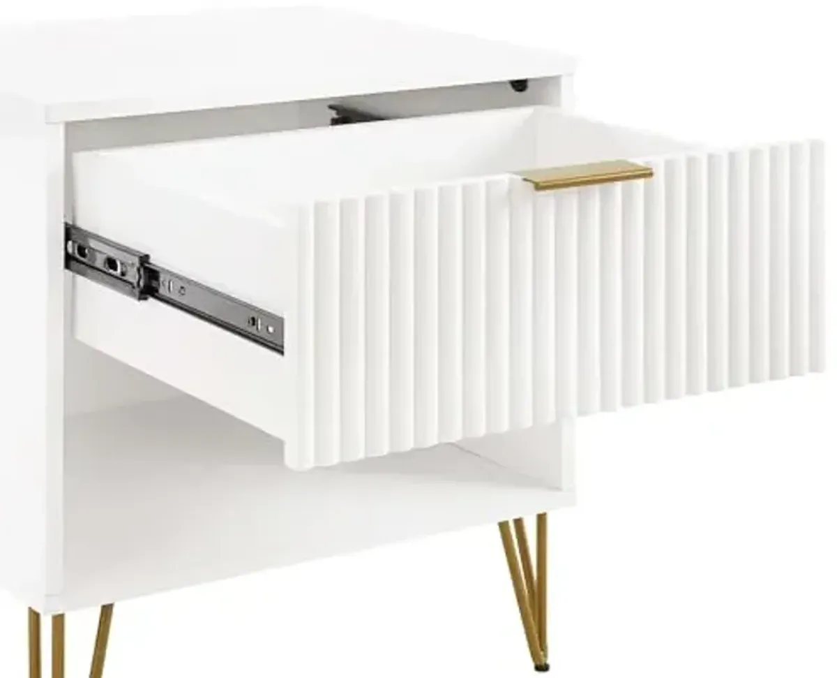 Manhattan Comfort Dumbo Fluted Nightstand with Drawer and Open Shelf, Gold Hairpin Legs and Metal Handle, Snap Tool-Free Assembly, Modern Bedside Accent Table for Bedroom, Office, Living Room in White