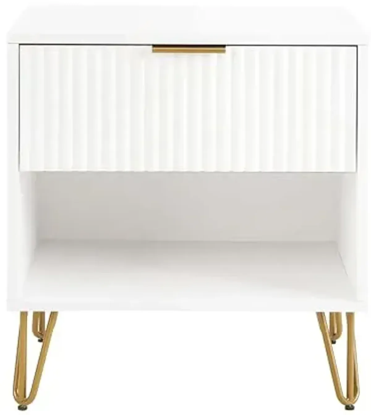Manhattan Comfort Dumbo Fluted Nightstand with Drawer and Open Shelf, Gold Hairpin Legs and Metal Handle, Snap Tool-Free Assembly, Modern Bedside Accent Table for Bedroom, Office, Living Room in White