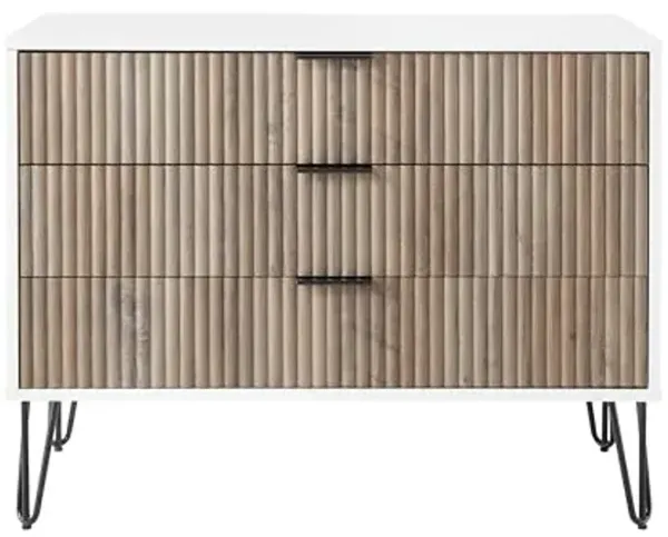 Manhattan Comfort Dumbo Modern 3 Drawer Dresser with Fluted Ribbed Front, No Tool Assembly, Hairpin Splayed Gold Metal Legs, Storage Chest, Entryway Cabinet for Bedroom, Living Room in White/Grey