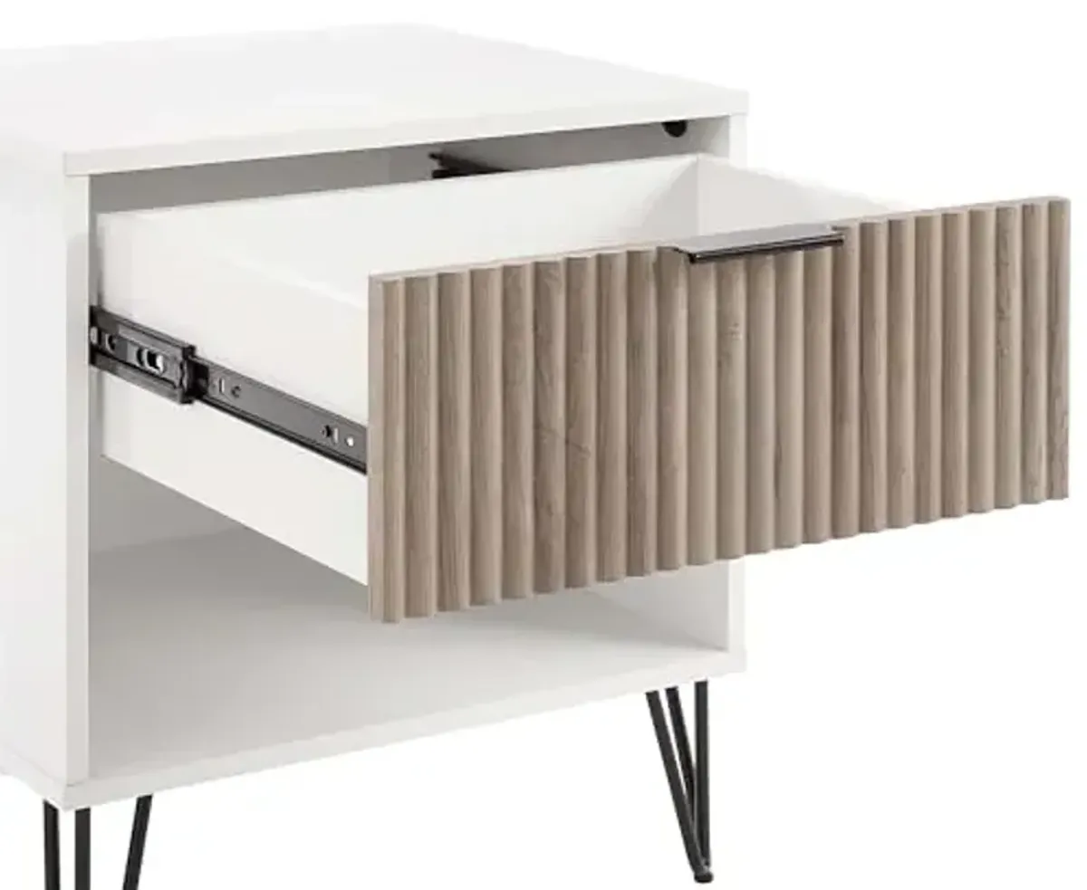 Manhattan Comfort Dumbo Fluted Nightstand with Drawer and Open Shelf, Gold Hairpin Legs and Metal Handle, Snap Tool-Free Assembly, Bedside Accent Table for Bedroom, Living Room in White & Rustic Grey