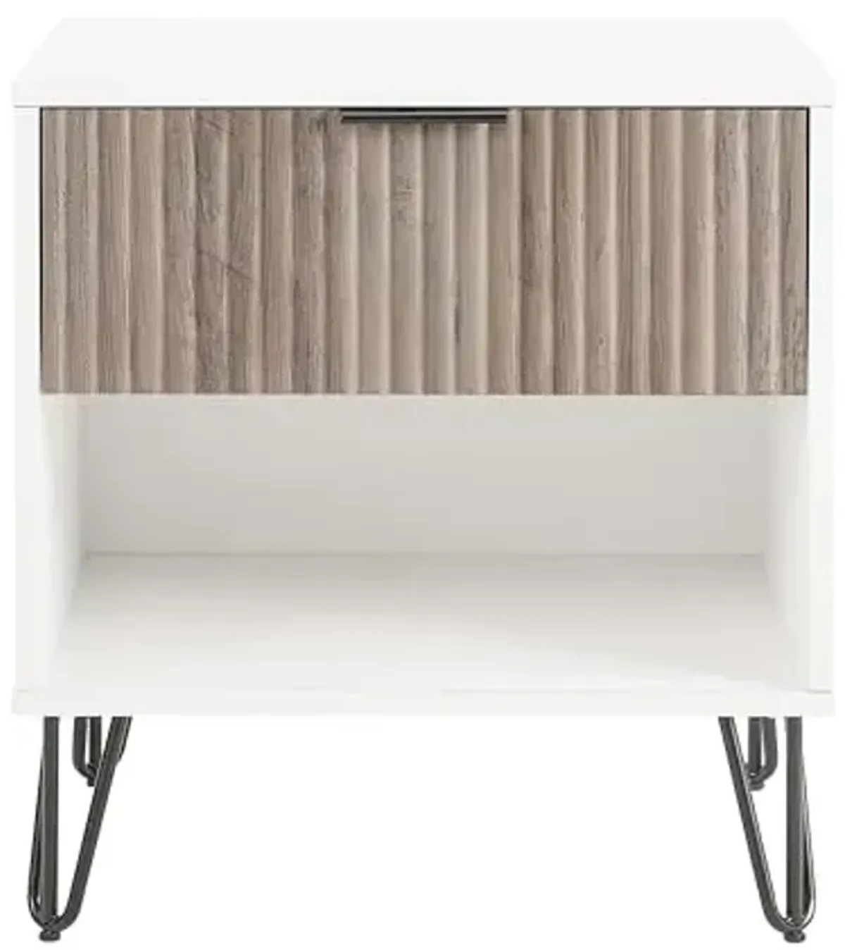 Manhattan Comfort Dumbo Fluted Nightstand with Drawer and Open Shelf, Gold Hairpin Legs and Metal Handle, Snap Tool-Free Assembly, Bedside Accent Table for Bedroom, Living Room in White & Rustic Grey