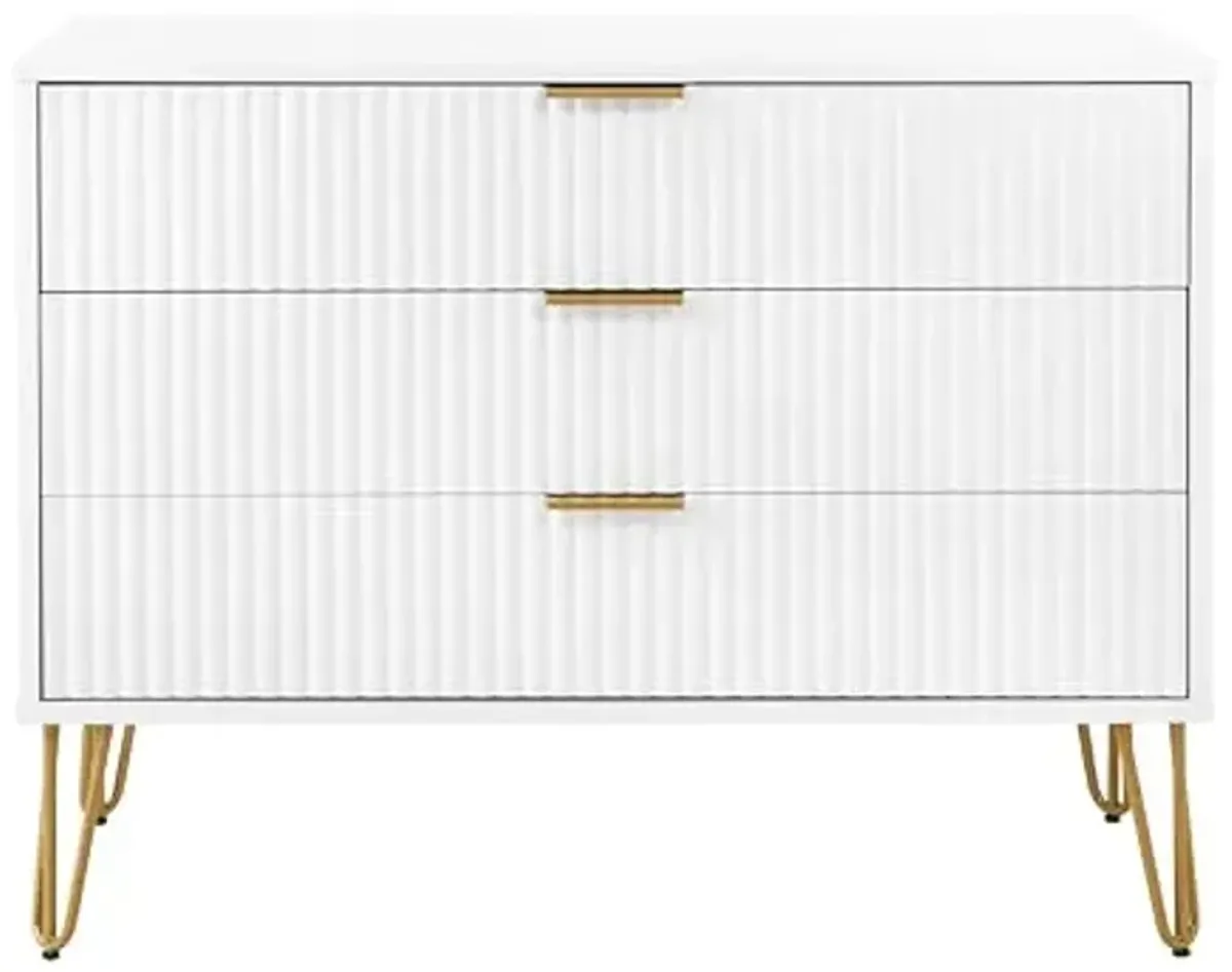 Manhattan Comfort DUMBO Modern 3 Drawer Dresser with Fluted Ribbed Front, No Tool Assembly, Hairpin Splayed Gold Metal Legs, Storage Chest, Entryway Cabinet for Bedroom, Living Room, Entryway in White
