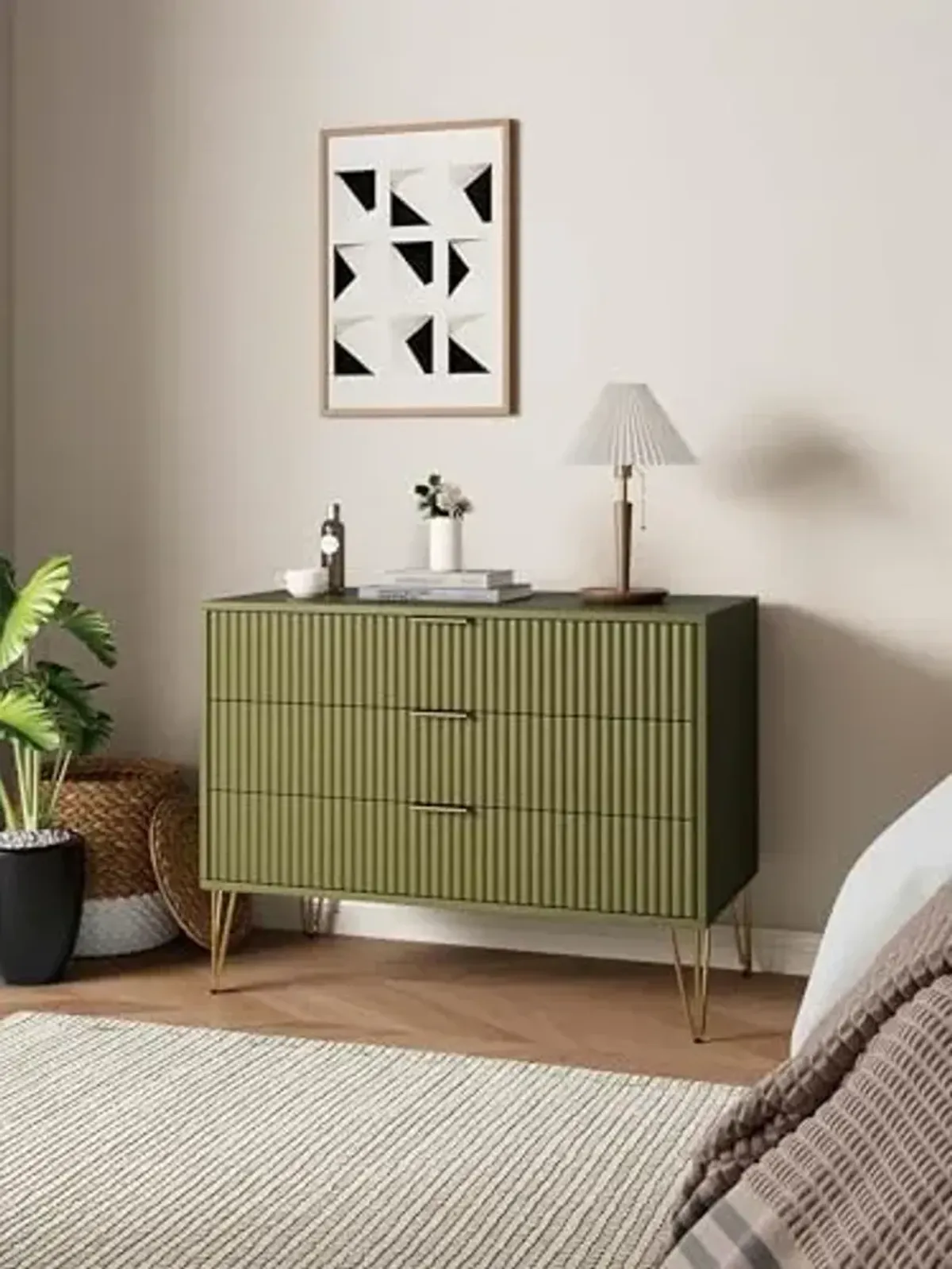 Manhattan Comfort Dumbo Modern Dresser with 3-Drawers | Stylish Splayed Gold Legs | Vertical Ribbed Design | No Tool Assembly Storage for Bedroom, Olive Green