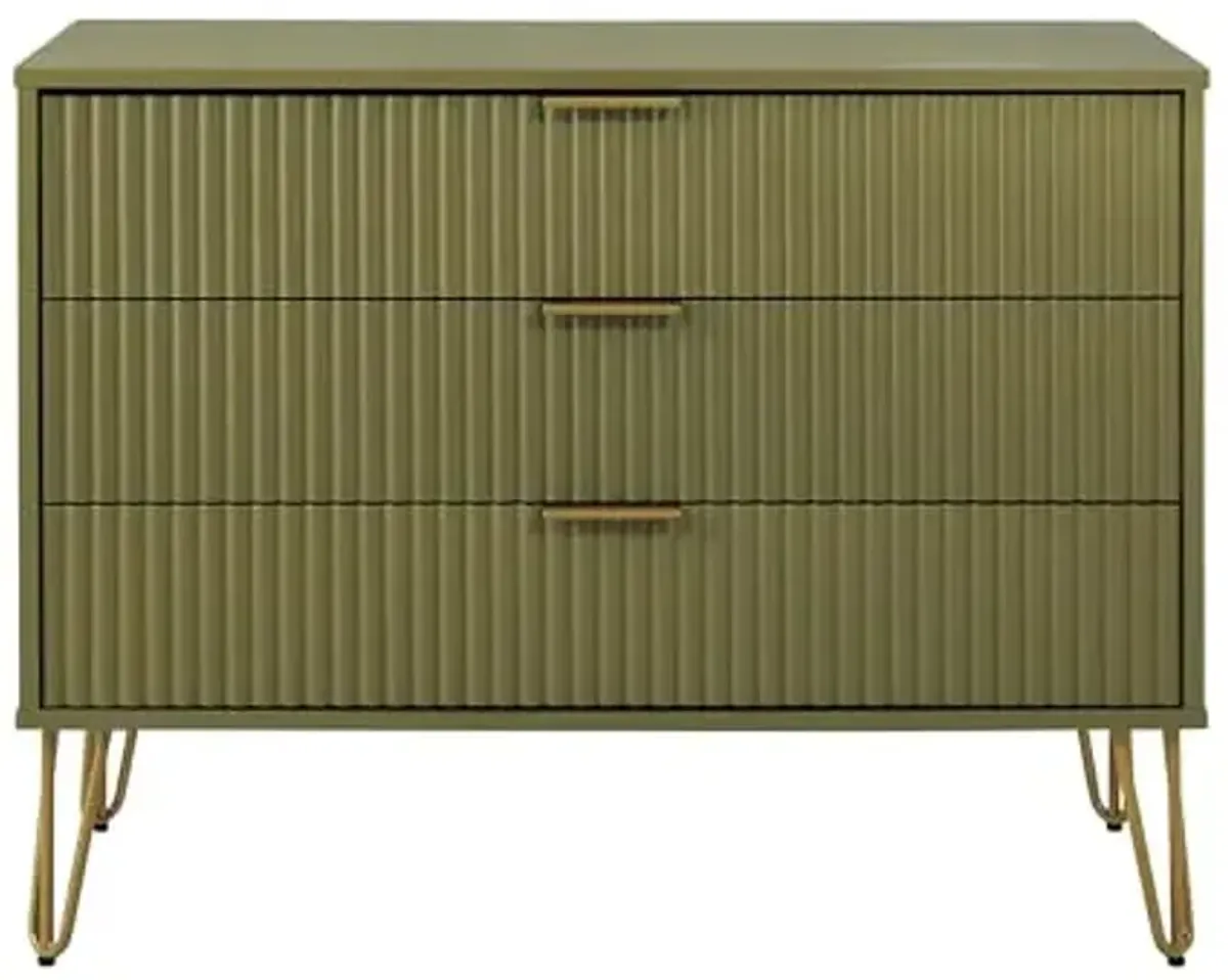 Manhattan Comfort Dumbo Modern Dresser with 3-Drawers | Stylish Splayed Gold Legs | Vertical Ribbed Design | No Tool Assembly Storage for Bedroom, Olive Green
