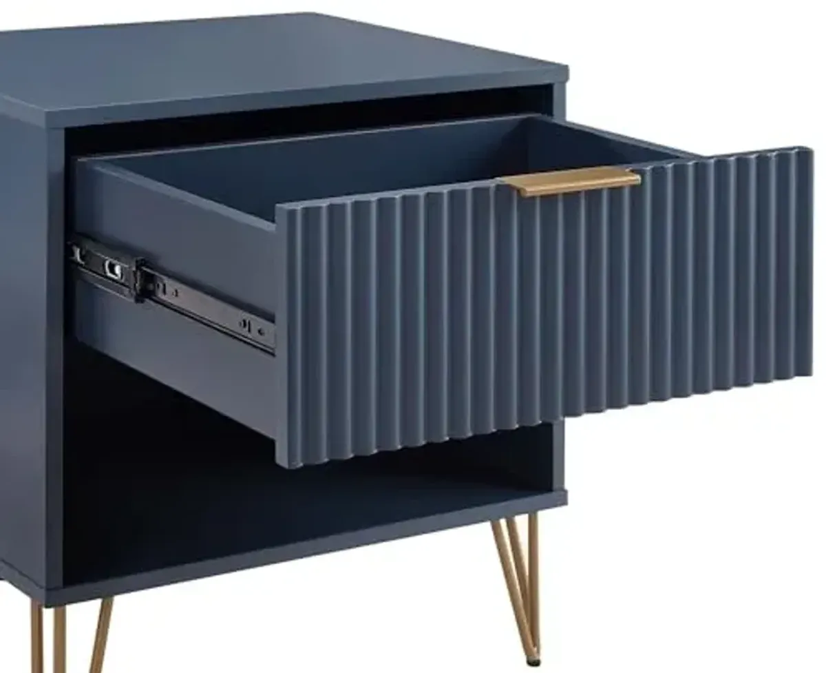 Manhattan Comfort Dumbo Fluted Nightstand with Drawer and Open Shelf, Gold Hairpin Legs and Metal Handle, Snap Tool-Free Assembly, Modern Bedside Accent Table for Bedroom, Living Room in Midnight Blue