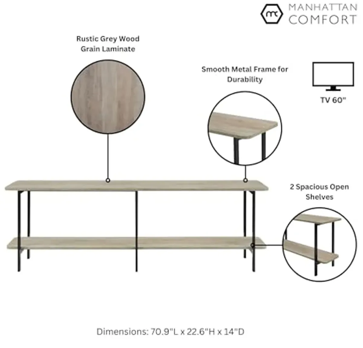 Manhattan Comfort Celine 70.87" Modern Console Table for Entryway, Living Room, Home Office with 2-Tier Design, Carbon Steel Legs, Versatile TV Stand for up to 60" Televisions, 0, Rustic Grey