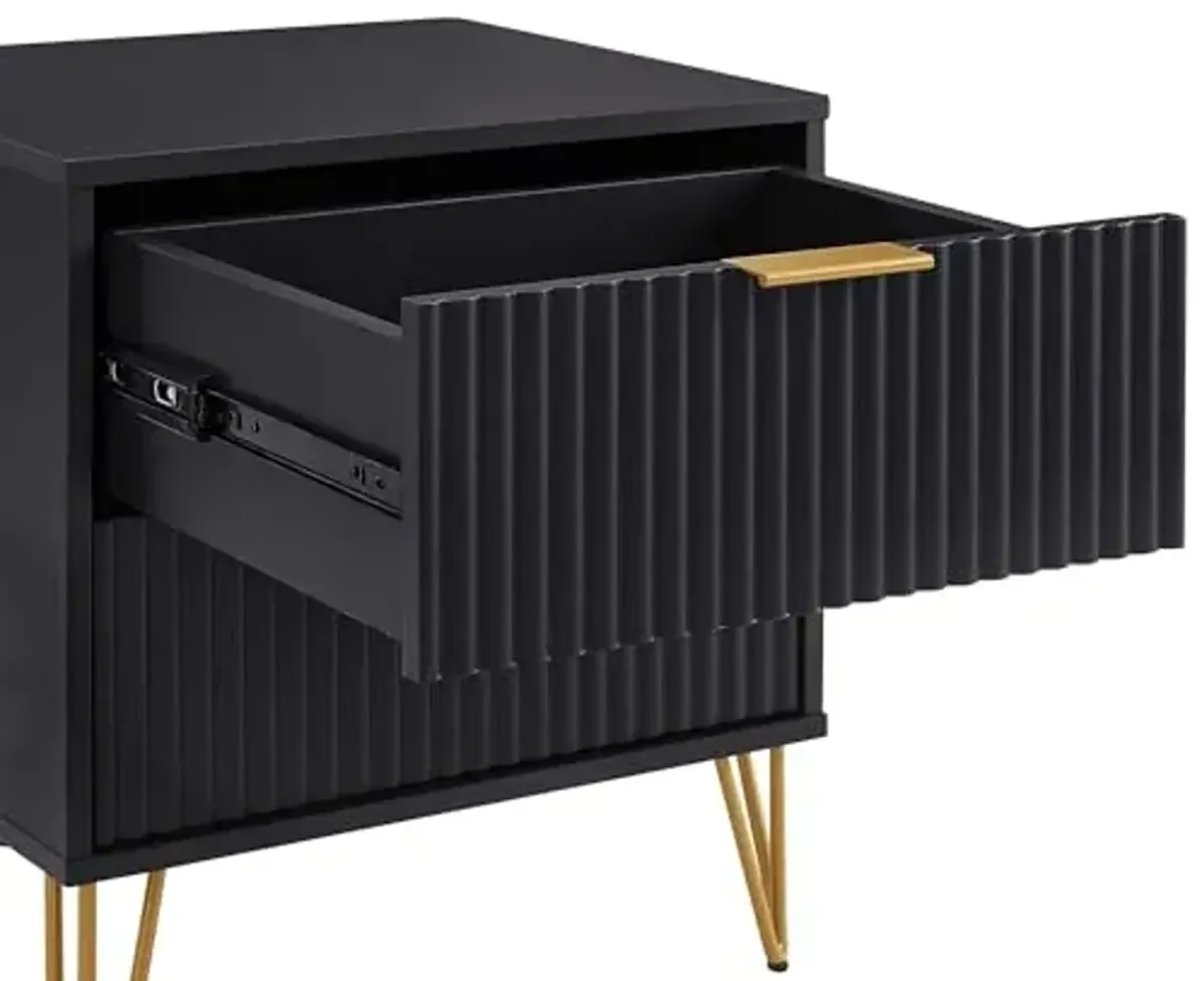 Manhattan Comfort Dumbo Fluted Nightstand with 2 Drawers, Gold Metal Legs and Metal Handles, Snap Tool-Free Assembly, Modern Bedside Accent Table with Storage for Bedroom, Living Room, Office in Black