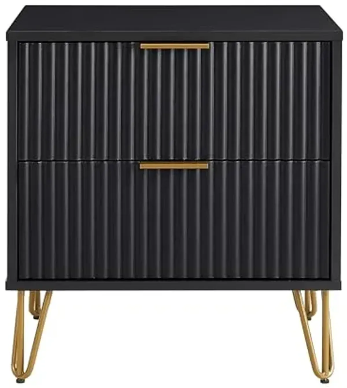 Manhattan Comfort Dumbo Fluted Nightstand with 2 Drawers, Gold Metal Legs and Metal Handles, Snap Tool-Free Assembly, Modern Bedside Accent Table with Storage for Bedroom, Living Room, Office in Black