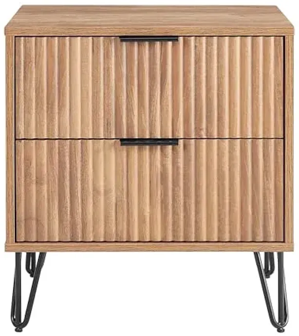 Manhattan Comfort Dumbo Fluted Nightstand with 2 Drawers, Gold Metal Legs and Metal Handles, Snap Tool-Free Assembly, Modern Bedside Accent Table with Storage for Bedroom, Living Room in Golden Brown