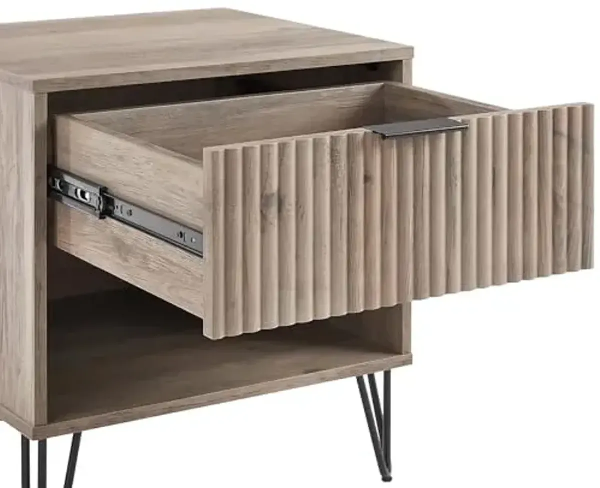 Manhattan Comfort Dumbo Modern Nightstand 1.0 with 1 Drawer and Metal Feet | Splayed Black Legs | Vertical Ribbed Design | No Tool Assembly Storage for Bedroom & Living Room, Set of 2, Rustic Grey