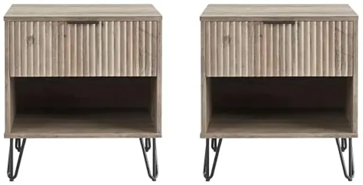 Manhattan Comfort Dumbo Modern Nightstand 1.0 with 1 Drawer and Metal Feet | Splayed Black Legs | Vertical Ribbed Design | No Tool Assembly Storage for Bedroom & Living Room, Set of 2, Rustic Grey