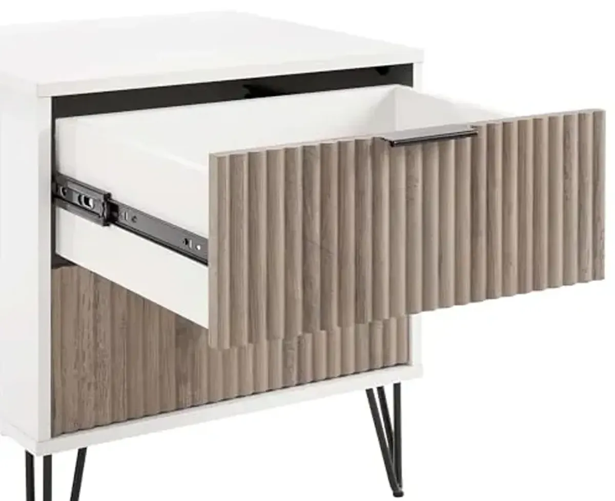 Manhattan Comfort Dumbo Fluted Nightstand with 2 Drawers, Gold Metal Legs and Metal Handles, Tool-Free Assembly Modern Bedside Accent Table with Storage for Bedroom, Living Room in White & Rustic Grey