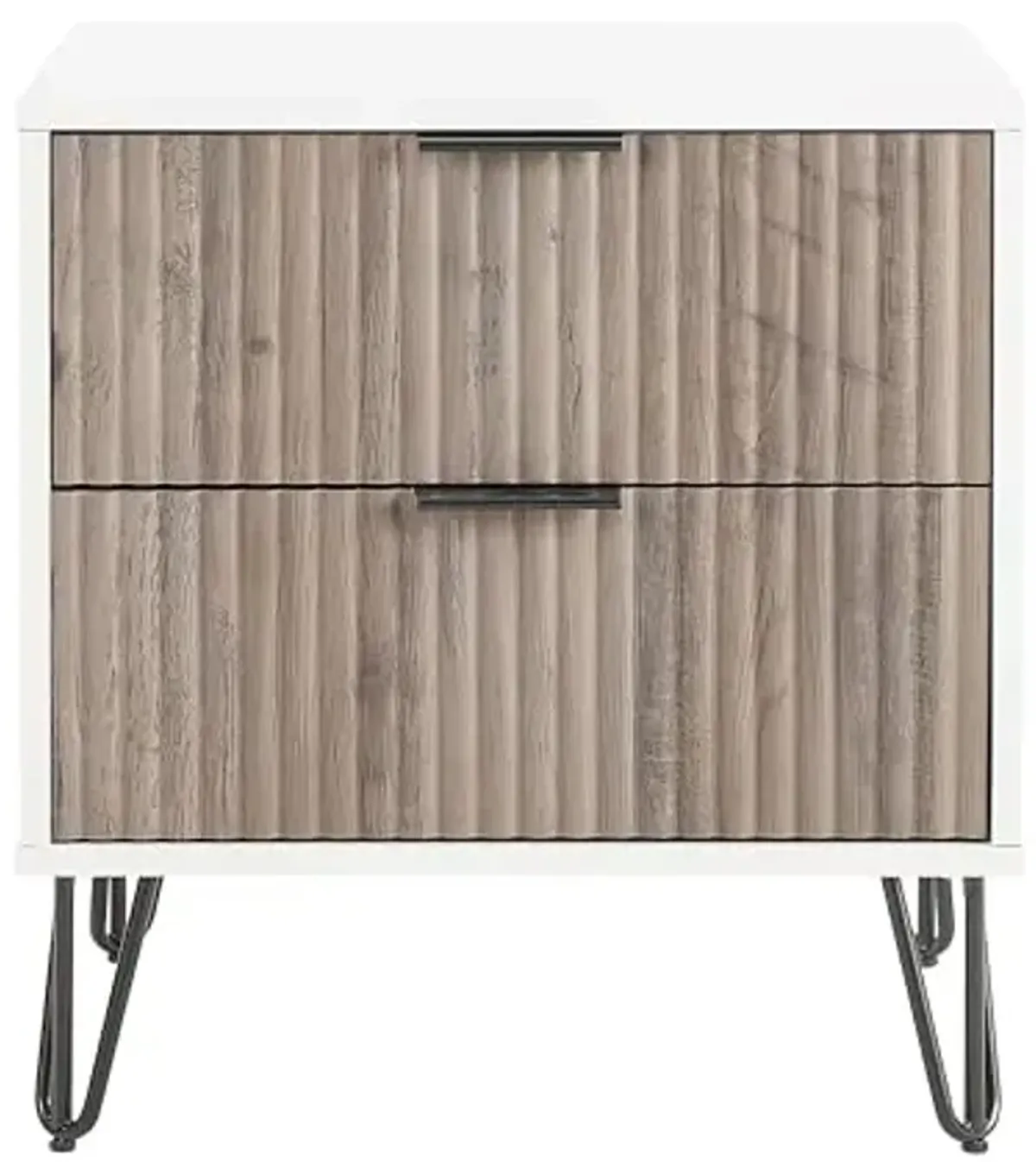 Manhattan Comfort Dumbo Fluted Nightstand with 2 Drawers, Gold Metal Legs and Metal Handles, Tool-Free Assembly Modern Bedside Accent Table with Storage for Bedroom, Living Room in White & Rustic Grey