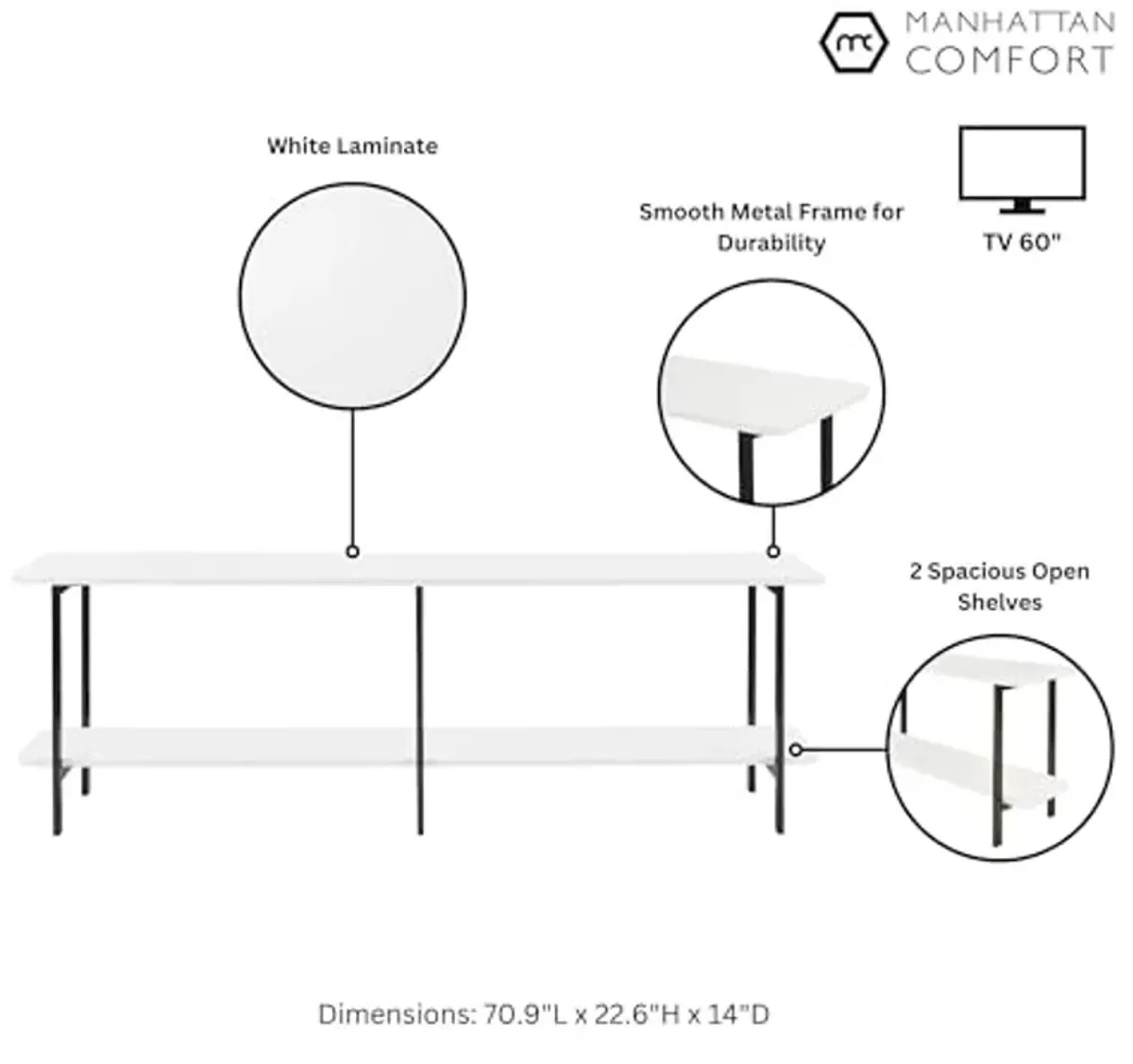 Manhattan Comfort Celine 70.87" Modern Console Table for Entryway, Living Room, Home Office with 2-Tier Design, Carbon Steel Legs, Versatile TV Stand for up to 60" Televisions, 0, White