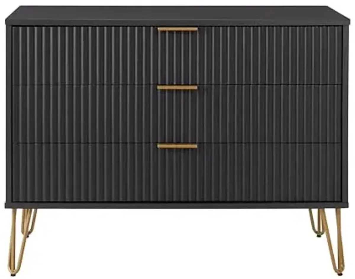 Manhattan Comfort Dumbo Modern 3 Drawer Dresser with Fluted Ribbed Front, No Tool Assembly, Hairpin Splayed Gold Metal Legs, Storage Chest, Entryway Cabinet for Bedroom, Hallway, Living Room in Black