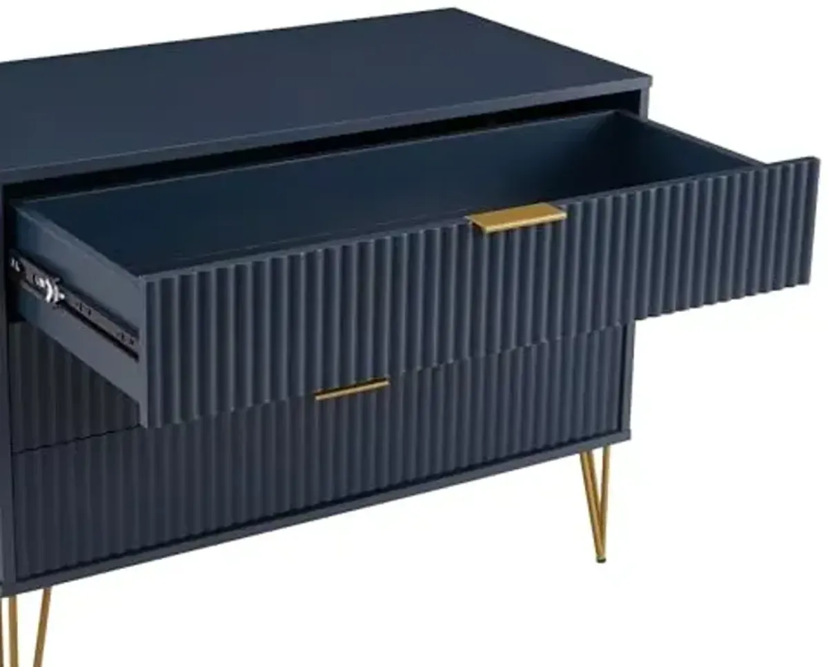 Manhattan Comfort Dumbo Modern 3 Drawer Dresser with Fluted Ribbed Front, No Tool Assembly, Hairpin Splayed Gold Metal Legs, Storage Chest, Entryway Cabinet for Bedroom, Living Room in Midnight Blue