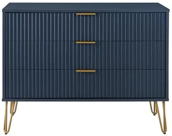 Manhattan Comfort Dumbo Modern 3 Drawer Dresser with Fluted Ribbed Front, No Tool Assembly, Hairpin Splayed Gold Metal Legs, Storage Chest, Entryway Cabinet for Bedroom, Living Room in Midnight Blue