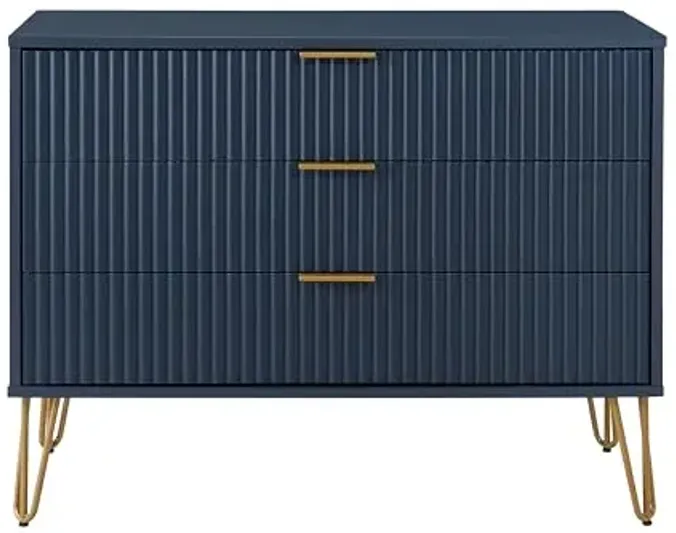 Manhattan Comfort Dumbo Modern 3 Drawer Dresser with Fluted Ribbed Front, No Tool Assembly, Hairpin Splayed Gold Metal Legs, Storage Chest, Entryway Cabinet for Bedroom, Living Room in Midnight Blue