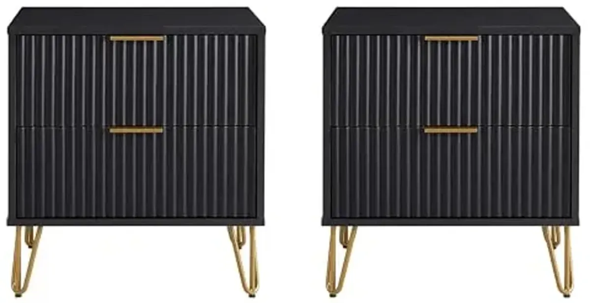 Manhattan Comfort Dumbo Modern Nightstand 2.0 with 2 Metal Feet | Splayed Gold Legs | Vertical Ribbed Design | No Tool Assembly Storage for Bedroom, Set of 2, Black