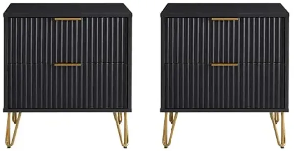 Manhattan Comfort Dumbo Modern Nightstand 2.0 with 2 Metal Feet | Splayed Gold Legs | Vertical Ribbed Design | No Tool Assembly Storage for Bedroom, Set of 2, Black