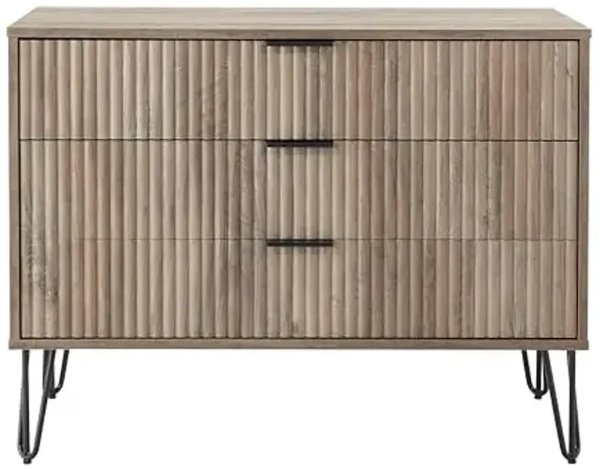 Manhattan Comfort Dumbo Modern 3 Drawer Dresser with Fluted Ribbed Front, No Tool Assembly, Hairpin Splayed Gold Metal Legs, Storage Chest, Entryway Cabinet for Bedroom, Hallway, Living Room in Grey