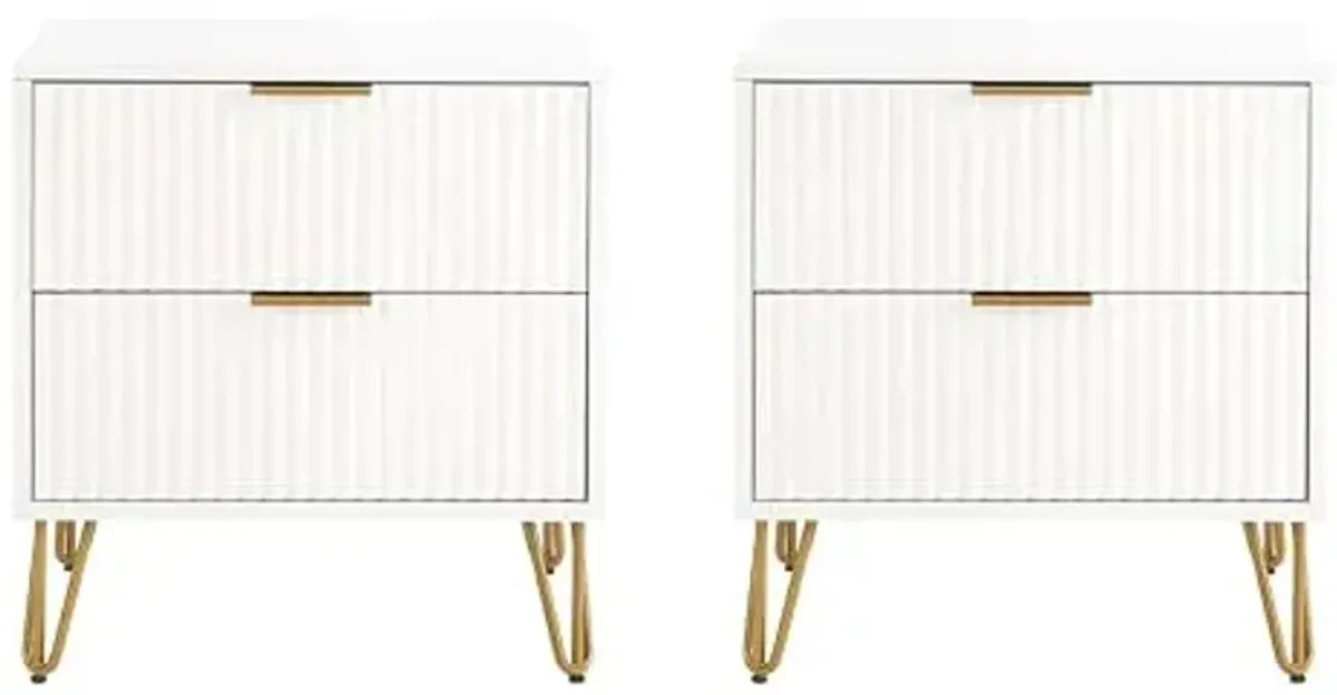 Manhattan Comfort Dumbo Modern Nightstand 2.0 with 2 Drawer and Metal Feet | Splayed Gold Legs | Vertical Ribbed Design | No Tool Assembly Storage for Bedroom, Set of 2, Set of 2, White