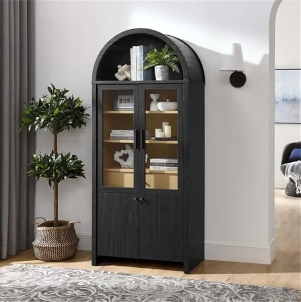 Modway Evie Arched Display Cabinet in Black Oak - Modern Tall Storage Cabinet with Shelves - Sophisticated Glass Door Bookcase - Elegant Living Room and Hallway Accent Cabinet