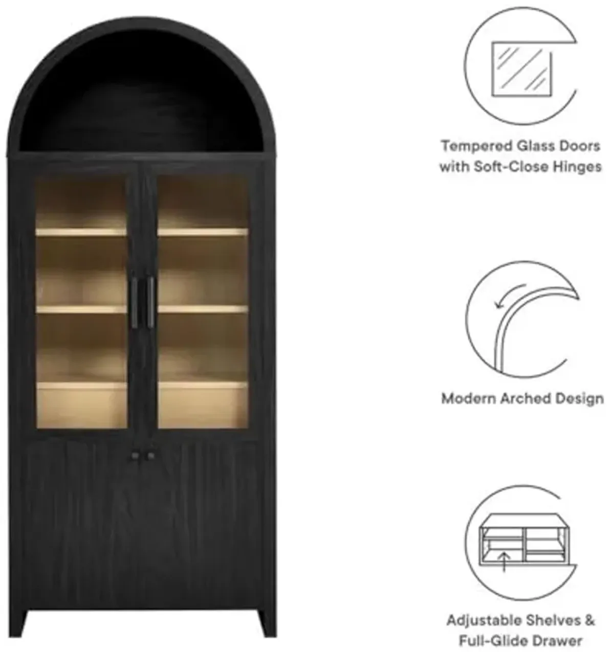 Modway Evie Arched Display Cabinet in Black Oak - Modern Tall Storage Cabinet with Shelves - Sophisticated Glass Door Bookcase - Elegant Living Room and Hallway Accent Cabinet