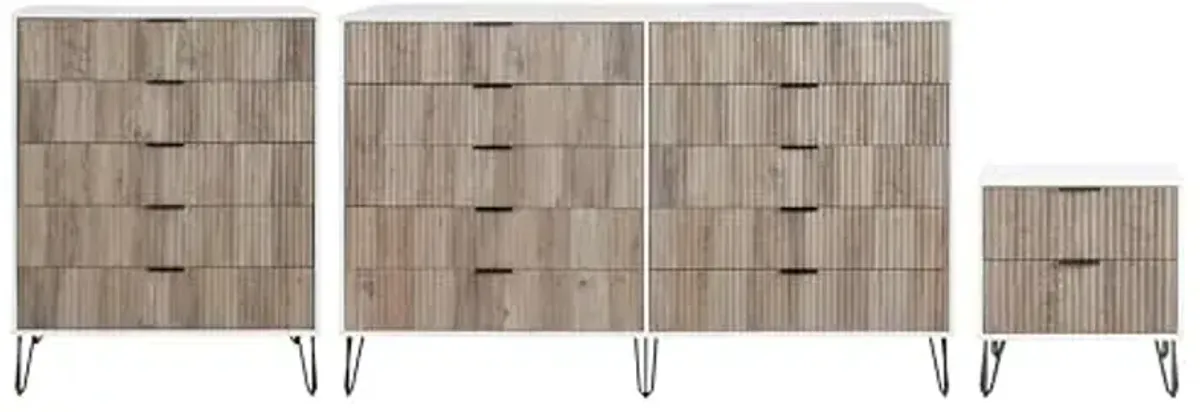 Manhattan Comfort Dumbo 3-Piece Modern Dresser Drawer and Nightstand Set, Tall and Double - Vertical Ribbed Design - No Tool Assembly Storage for Bedroom & Living Room, White/Grey