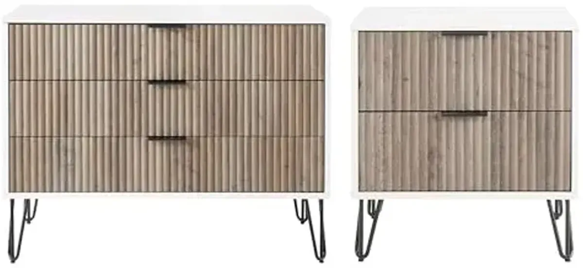 Manhattan Comfort Dumbo 2 Piece Dresser & Nightstand Set, Fluted Night Stand with Hairpin Gold Metal Legs & 3-Drawer Dresser, No Tool Assembly, Storage Cabinet for Bedroom, Living Room in White/Grey