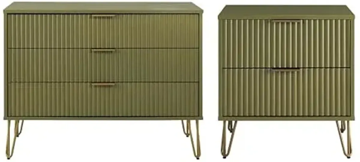 Manhattan Comfort Dumbo 2 Piece Dresser & Nightstand Set, Fluted Night Stand with Hairpin Gold Metal Legs & 3-Drawer Dresser, No Tool Assembly, Storage Cabinet for Bedroom, Living Room in Olive Green