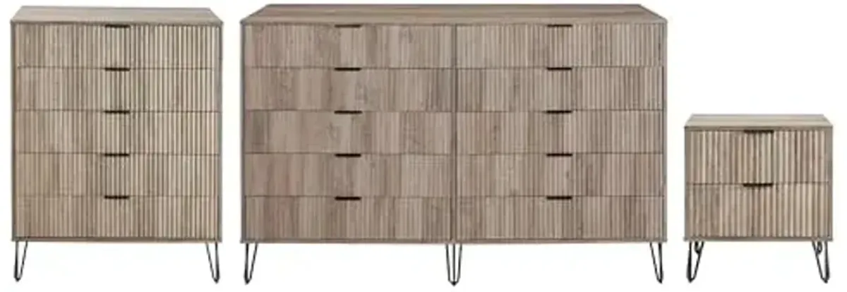 Manhattan Comfort Dumbo 3-Piece Modern Dresser Drawer and Nightstand Set, Tall and Double - Vertical Ribbed Design - No Tool Assembly Storage for Bedroom & Living Room, Rustic Grey