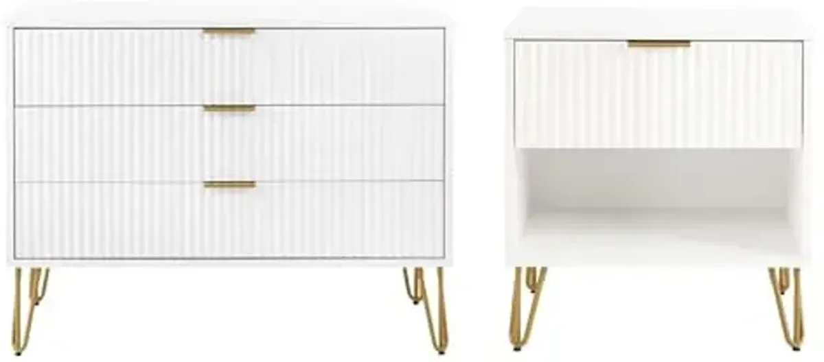 Manhattan Comfort Dumbo 2 Piece Modern Set, 3 Drawer Dresser & 1 Drawer Nightstand with Fluted Ribbed Front, Gold Metal Legs, No Tool Assembly, Storage Cabinet for Bedroom or Living Room in White