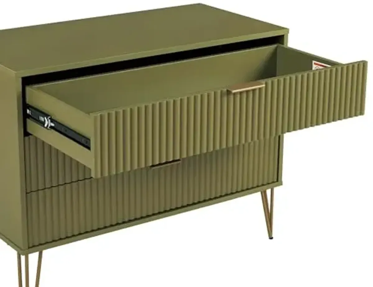 Manhattan Comfort DUMBO 2 Piece Modern Set, 3 Drawer Dresser, 1 Drawer Nightstand with Fluted Ribbed Front, Gold Metal Legs, No Tool Assembly, Storage Cabinet for Bedroom or Living Room in Olive Green