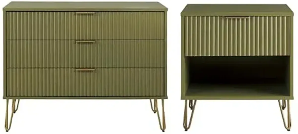 Manhattan Comfort DUMBO 2 Piece Modern Set, 3 Drawer Dresser, 1 Drawer Nightstand with Fluted Ribbed Front, Gold Metal Legs, No Tool Assembly, Storage Cabinet for Bedroom or Living Room in Olive Green