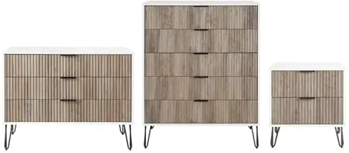 Manhattan Comfort Dumbo 3-Piece Modern Dresser Drawer and Nightstand Set, Tall and Standard - Vertical Ribbed Design - No Tool Assembly Storage for Bedroom & Living Room, White/Grey