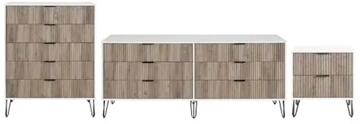Manhattan Comfort Dumbo 3-Piece Modern Dresser Drawer and Nightstand Set, Tall and Double Low - Vertical Ribbed Design - No Tool Assembly Storage for Bedroom & Living Room, White/Grey