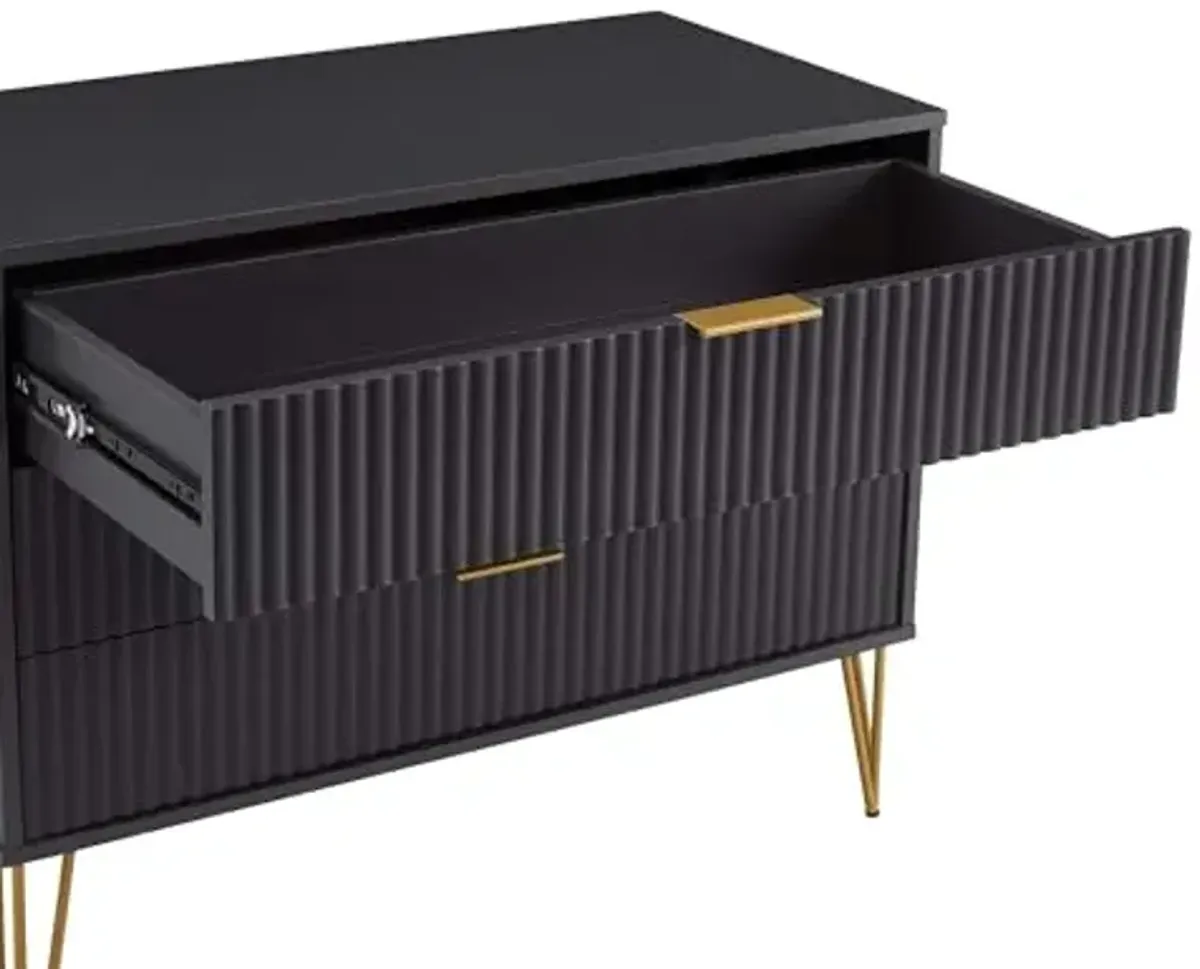 Manhattan Comfort Dumbo 2 Piece Modern Set, 3 Drawer Dresser & 1 Drawer Nightstand with Fluted Ribbed Front, Gold Metal Legs, No Tool Assembly, Storage Cabinet for Bedroom or Living Room in Black