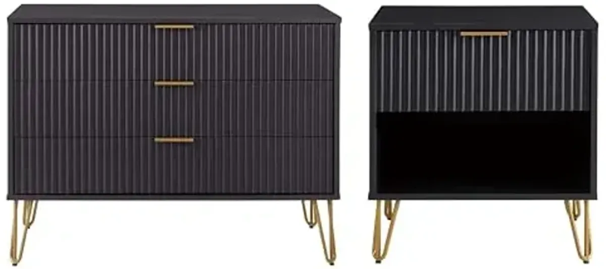 Manhattan Comfort Dumbo 2 Piece Modern Set, 3 Drawer Dresser & 1 Drawer Nightstand with Fluted Ribbed Front, Gold Metal Legs, No Tool Assembly, Storage Cabinet for Bedroom or Living Room in Black