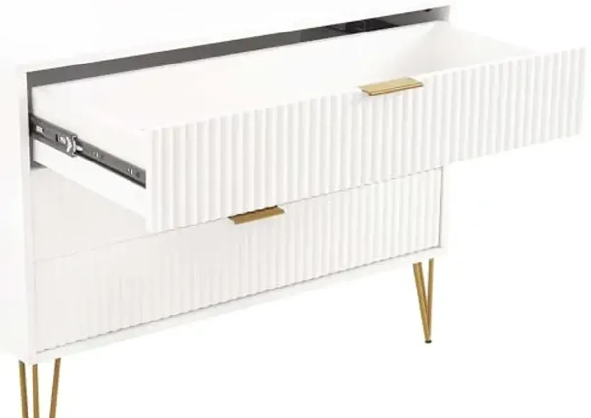 Manhattan Comfort Dumbo 2 Piece Dresser & Nightstand Set, Fluted Night Stand with Hairpin Gold Metal Legs & 3-Drawer Dresser, No Tool Assembly, Storage Cabinet for Bedroom or Living Room in White