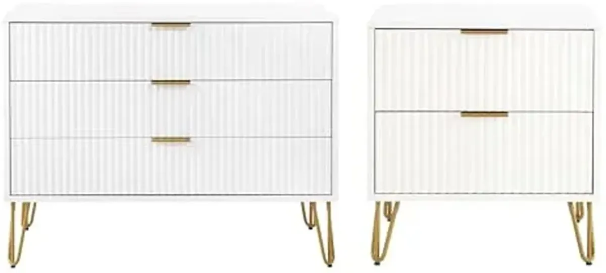 Manhattan Comfort Dumbo 2 Piece Dresser & Nightstand Set, Fluted Night Stand with Hairpin Gold Metal Legs & 3-Drawer Dresser, No Tool Assembly, Storage Cabinet for Bedroom or Living Room in White