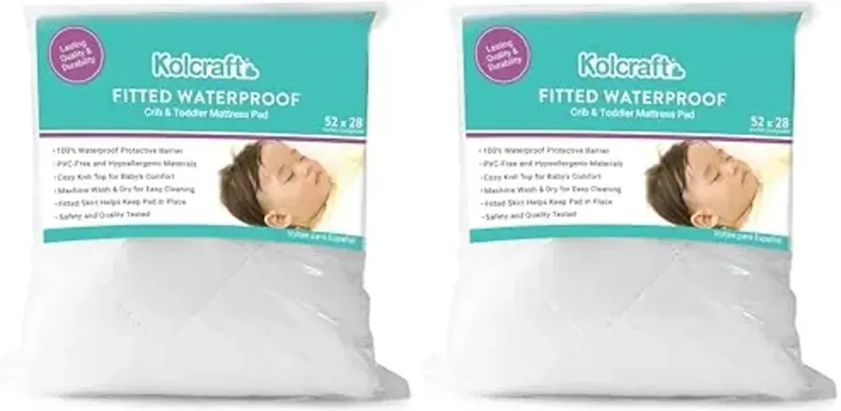 Kolcraft Fitted Waterproof Toddler Bed and and Baby Crib Mattress Pad Cover Protector, Noiseless, Machine Washable and Dryer Friendly, 52" x 28" - White (Pack of 2)