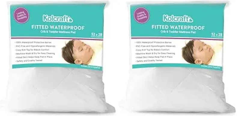 Kolcraft Fitted Waterproof Toddler Bed and and Baby Crib Mattress Pad Cover Protector, Noiseless, Machine Washable and Dryer Friendly, 52" x 28" - White (Pack of 2)