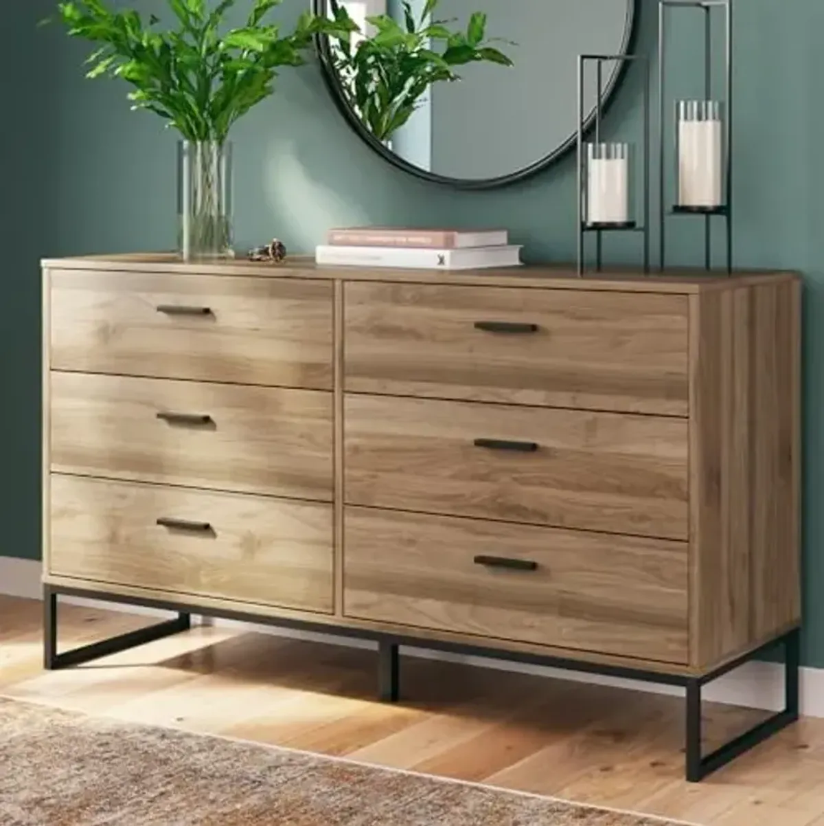Signature Design by Ashley Deanlow Mid-Century Modern 6 Drawer Dresser with Safety Stop for Bedroom, Light Brown & Black