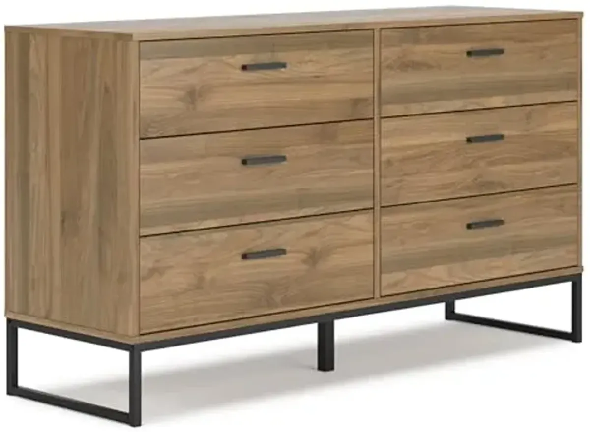 Signature Design by Ashley Deanlow Mid-Century Modern 6 Drawer Dresser with Safety Stop for Bedroom, Light Brown & Black
