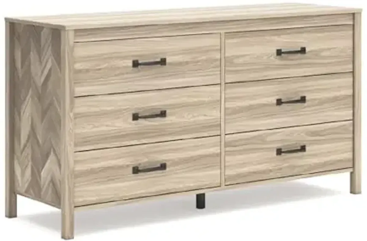 Signature Design by Ashley Battelle Mid-Century Modern 6 Drawer Dresser with Chevron Pattern and Safety Stop for Bedroom, Light Brown