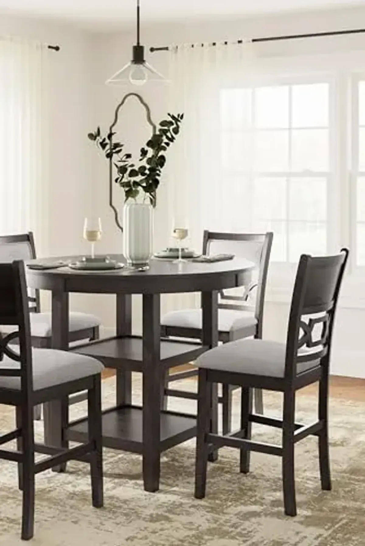 Signature Design by Ashley Langwest Transitional Diamond Patterned Counter Height Dining Table and 4 Upholstered Bar Stools, Set of 5, Dark Brown & Beige
