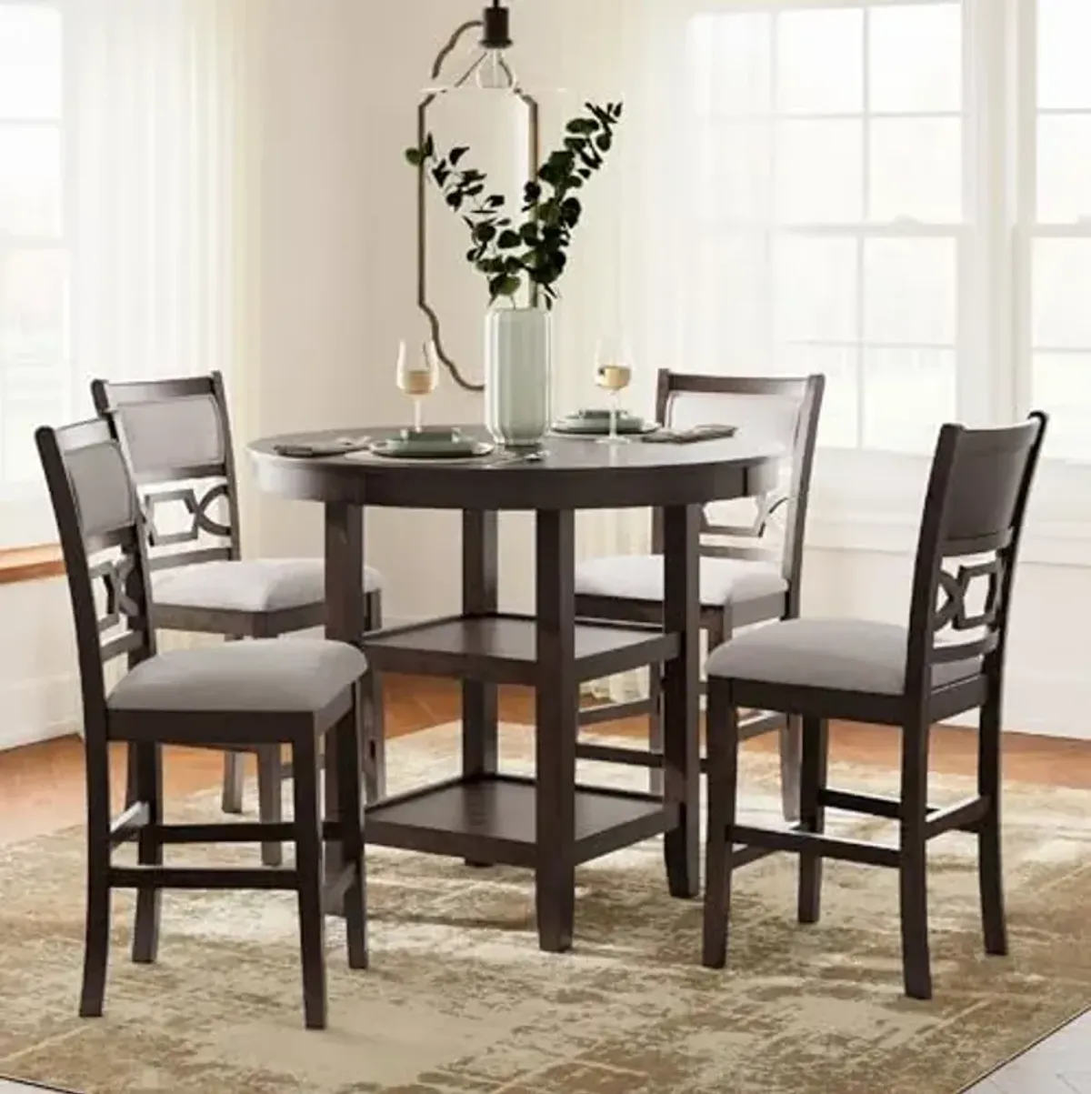Signature Design by Ashley Langwest Transitional Diamond Patterned Counter Height Dining Table and 4 Upholstered Bar Stools, Set of 5, Dark Brown & Beige