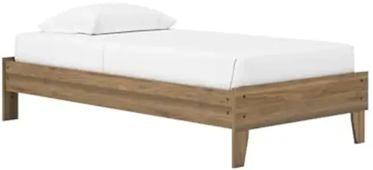Signature Design by Ashley Deanlow Mid-Century Modern Twin Platform Bed with Metal Slats, Wood, Foundation or Box Spring Not Needed, Honey Brown (Headboard Not Included)